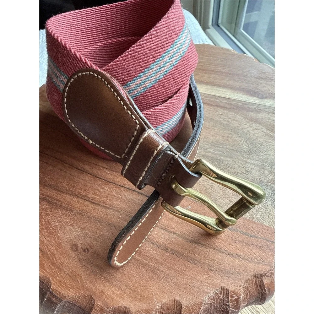 Dooney & Bourke Sz 34 Red Striped Wool Leather Brass Surcingle Belt Preppy USA